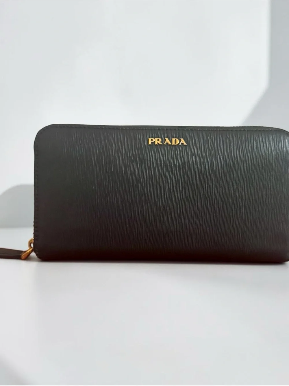 Prada Black Saffiano Zip-Around Clutch with Gold Logo
